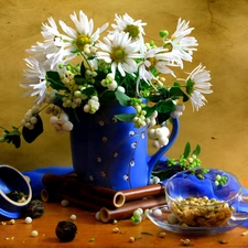 blue, shawl, daisy, jug