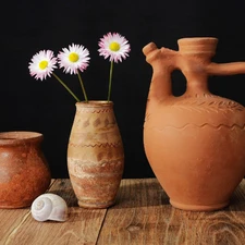 clay, White, daisy, vases