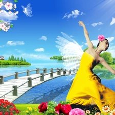 bridges, Yellow Honda, Sky, dress, Women, dance, Flowers