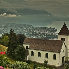 panorama, Church, dark, Sky, Town, slope