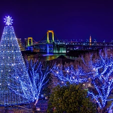 decor, Tokio, River, christmas tree, bridge