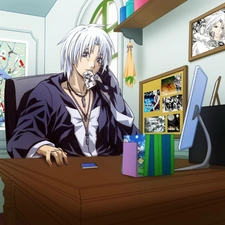 monitor, pictures, Allen Walker, desk, D.Gray-Man