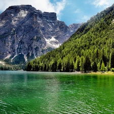 lake, Mountains, Lago di Carezza, Italy, church, woods