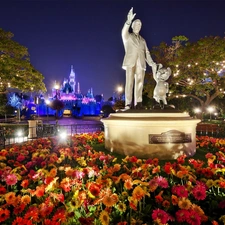 gerberas, North America, City at Night, statues, California, Disneyland