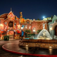 buildings, Night, California, fountain, Town, Disneyland, USA