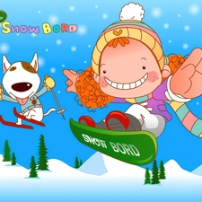 dog, snowboard, snow, Kid, winter