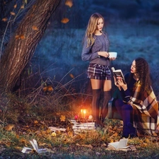 car in the meadow, forest, autumn, Leaf, Dusk, mountains, Girls, lantern