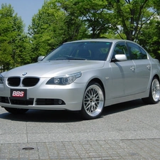 E60, BMW 5, trees, viewes, square, silver