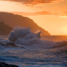 Mountains, Coast, east, sun, Storm, rocks