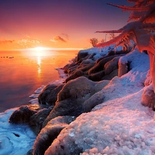icicle, rocks, sun, ice, Coast, east, winter