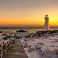 Houses, maritime, sun, Stairs, Lighthouse, east, winter