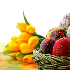 Tulips, eggs, easter, basket