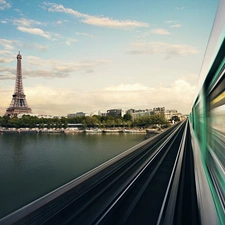 Eiffla Tower, Train, France, River, Paris