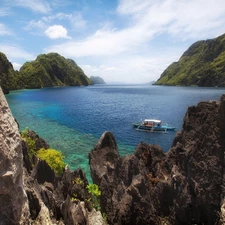 rocks, sea, Palawan, Mountains, Boat, El Nido, Philippines