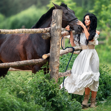 White, Women, Horse, fence, dress, brunette