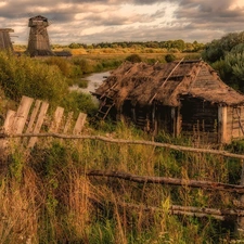 River, Old car, fence, Plants, Windmill, Watermill