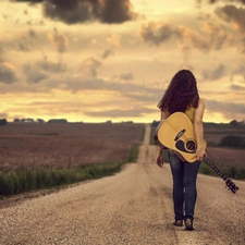 field, clouds, Guitar, Way, girl