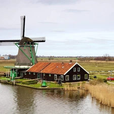 field, Way, lake, Farms, Windmill