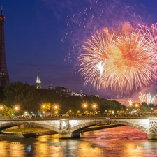 Night, River, Paris, Seine, bridge, fireworks, France