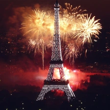 Eiffla Tower, Night, fireworks, Paris