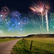 Way, pasture, fireworks, fence