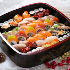 Sushi, caviar, container, fish