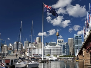 skyscraper, Harbour, flag, Australia, bridge, Yachts