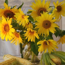 corn-cob, Nice sunflowers, flask