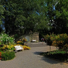 Flowers, Bench, trees, viewes, Park