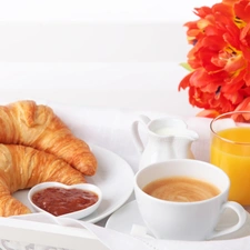 coffee, fresh, Flowers, breakfast, juice, croissants