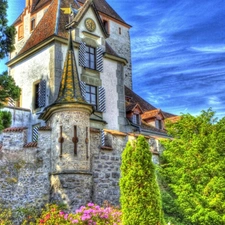 Castle, viewes, Flowers, trees