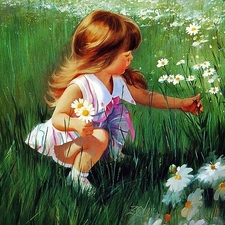 Flowers, girl, Meadow