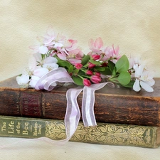 Books, small bunch, flowers