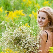 smiling, Meadow, Flowers, Blonde