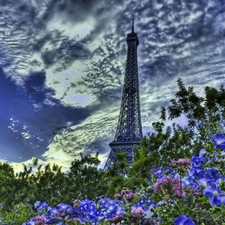 tower, clouds, Flowers, Eiffla