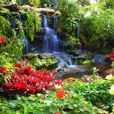 waterfall, Flowers