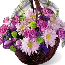 wicker, bouquet, flowers, basket