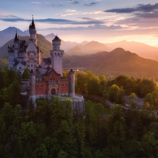 Germany, Neuschwanstein Castle, clouds, Alps Mountains, woods, Fog, viewes, Bavaria, Schwangau Commune, trees, Great Sunsets