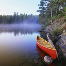 lake, Kayak, Fog, forest