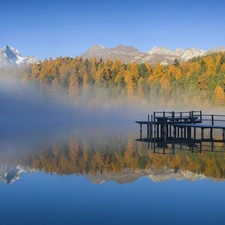 lake, woods, Fog, pier