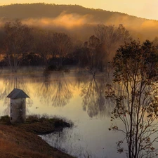 viewes, lake, stone, trees, Mountains, Fog, tower