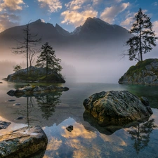 Stones, rocks, trees, Bavaria, viewes, Lake Hintersee, Islets, Germany, Fog, Alps Mountains