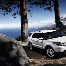 Mountains, Stones, White Ford 2011 Explorer, lake