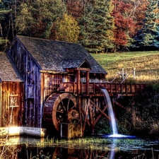 Old car, River, forest, Windmill