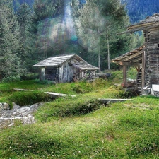 huts, stream, forest, Windmill