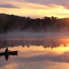 lake, Fog, forest, Boat