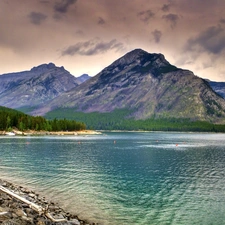 Mountains, Coast, forest, lake