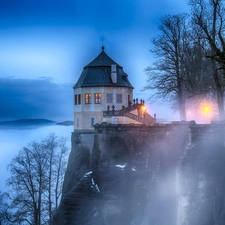 cliff, Castle, twilight, bed-rock, Fog, forest, lanterns