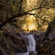 rocks, waterfall, forest, Przebijające, luminosity, autumn, sun, flash, ligh