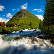 Houses, mountains, forest, waterfall, River, Apple